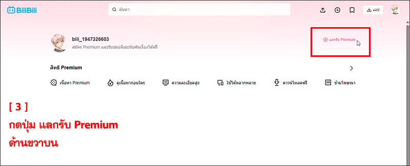 คู่มือการใช้งานบัตรเติม Premium Bilibili