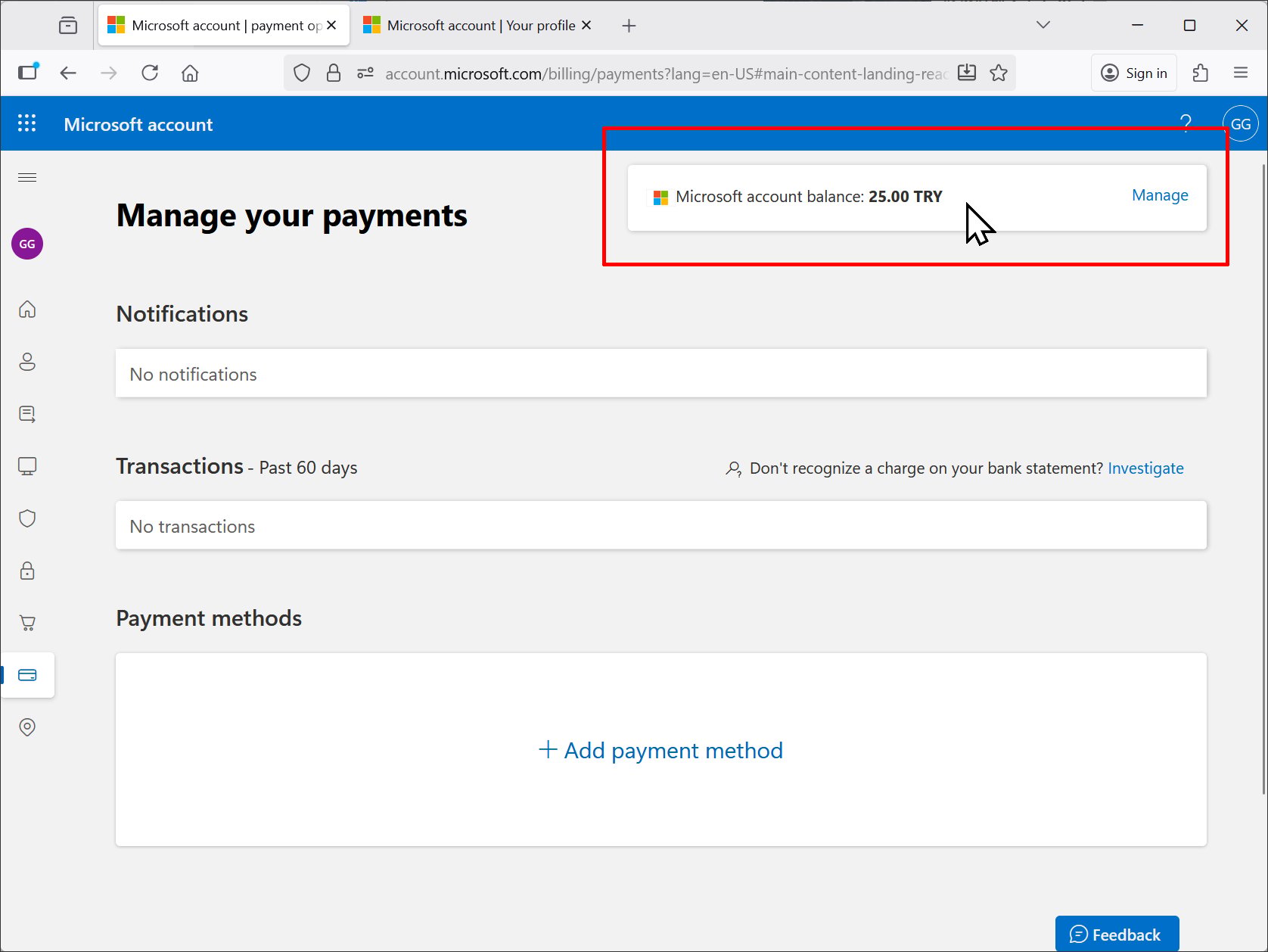 วิธีเช็คเงิน (Microsoft account balance – TRY)