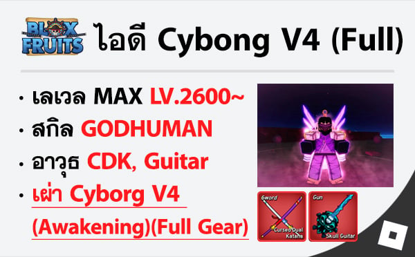 ไอดี Roblox Blox Fruits - ไอดีไก่ตัน MAX Level - Cybong V4 (Awakening)(FULL GEAR)